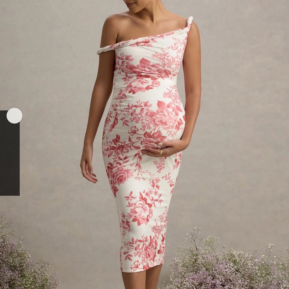 NWT Pink Floral Print Twisted Asymmetric Maternity Midi Dress